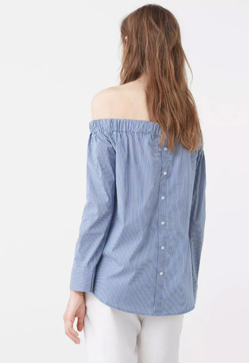 MANGO - Off-the-shoulder Striped Blouse with Button Detail Blue and White