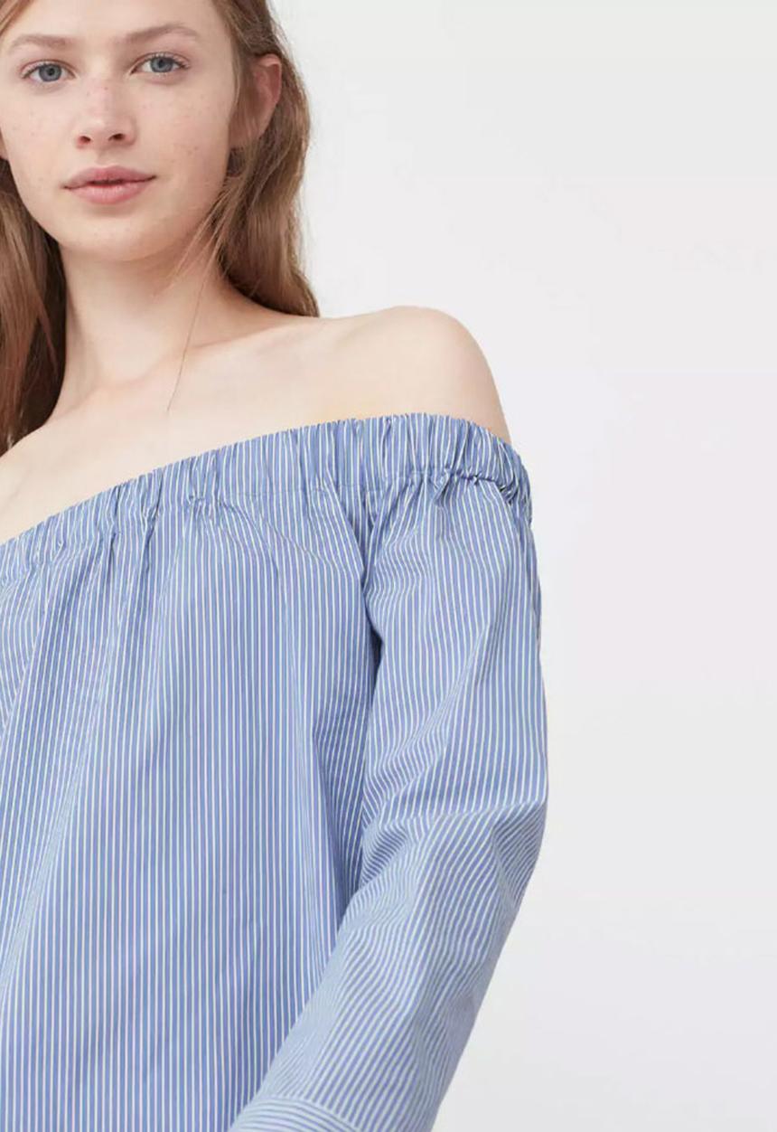 MANGO - Off-the-shoulder Striped Blouse with Button Detail Blue and White