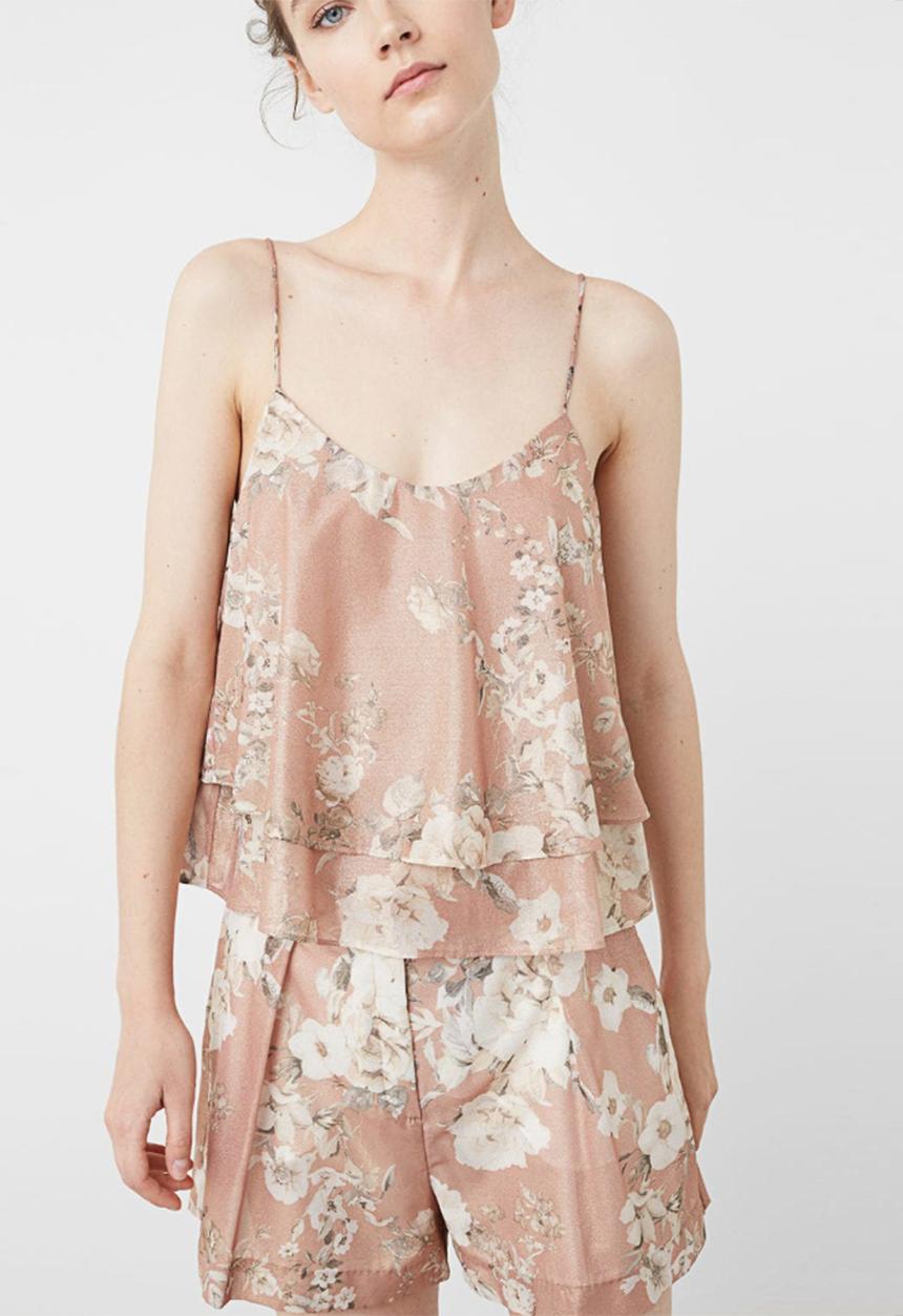 MANGO - Floral Print Frill Top Pale Pink