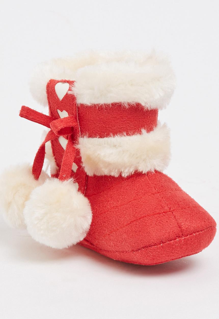 Pop Candy - Suede Boots With Pom Pom Detail Red
