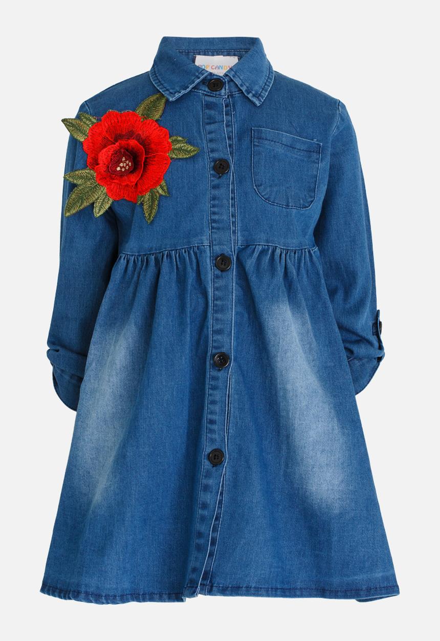 Pop Candy - Denim Dress with Embroidered Flower Blue