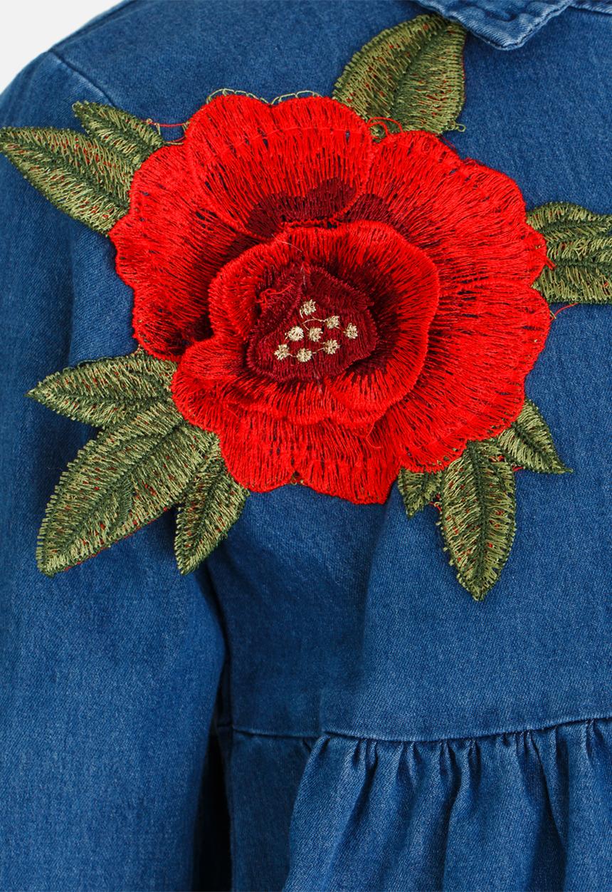 Pop Candy - Denim Dress with Embroidered Flower Blue