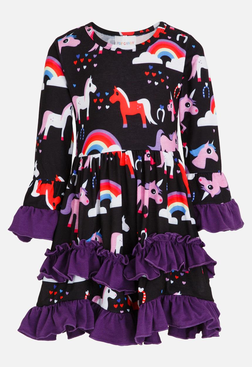Pop Candy - Long Sleeve Printed Dress with Frills Dark Purple