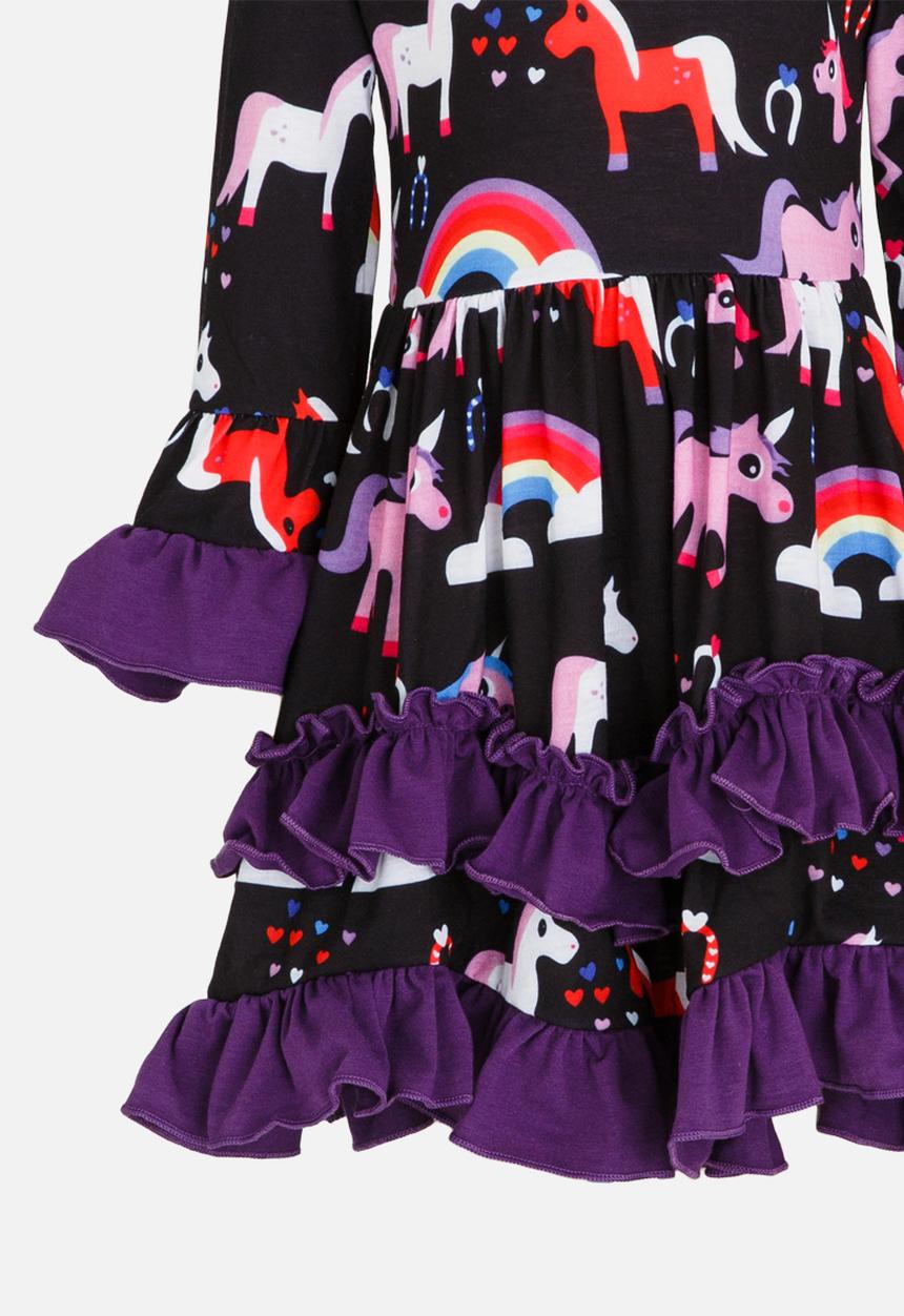 Pop Candy - Long Sleeve Printed Dress with Frills Dark Purple
