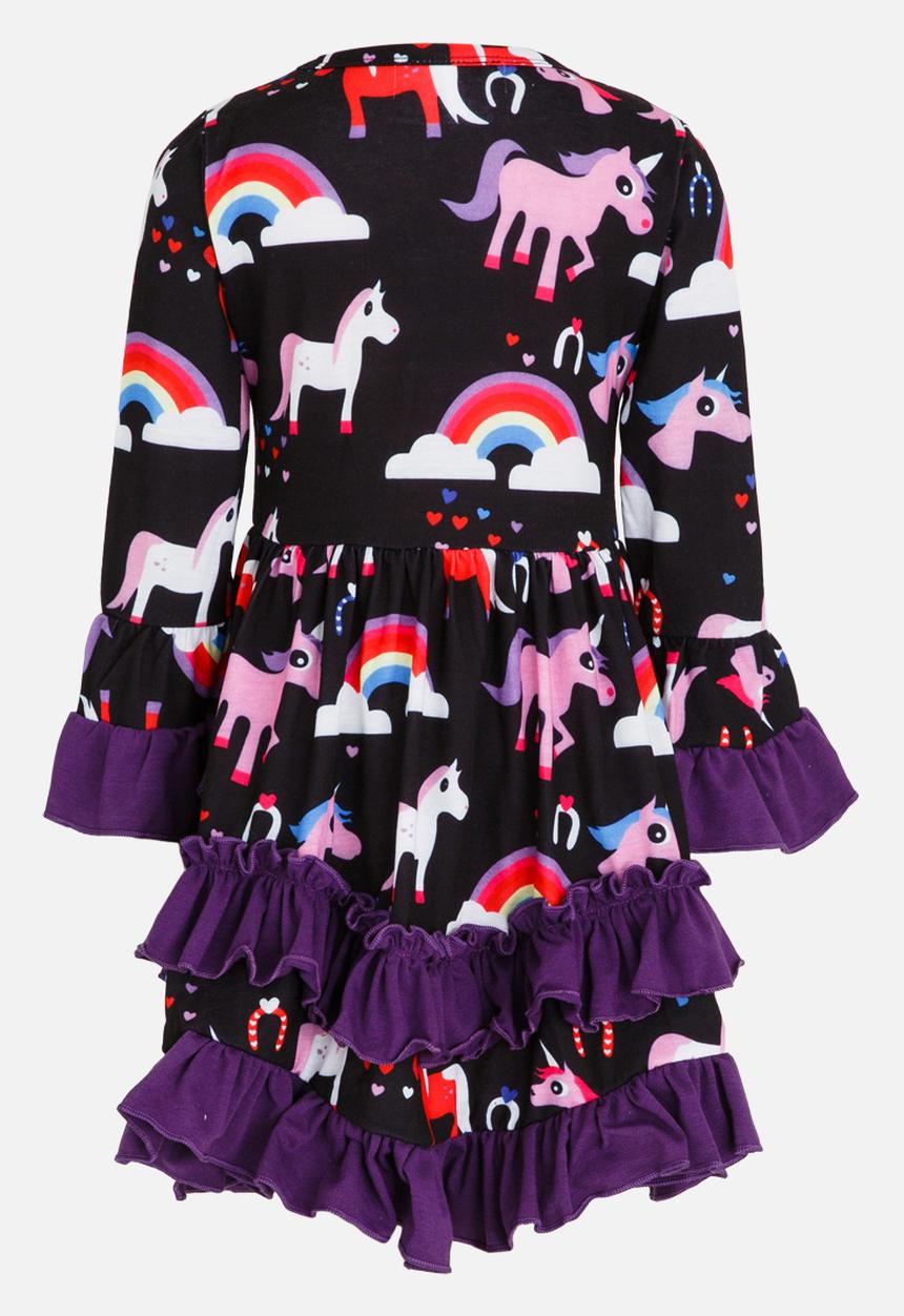 Pop Candy - Long Sleeve Printed Dress with Frills Dark Purple