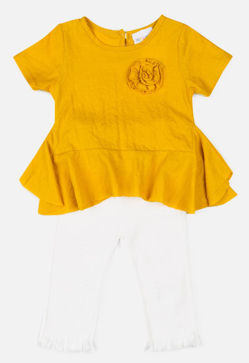 Pop Candy - Blouse with 3/4 pant set - yellow & white