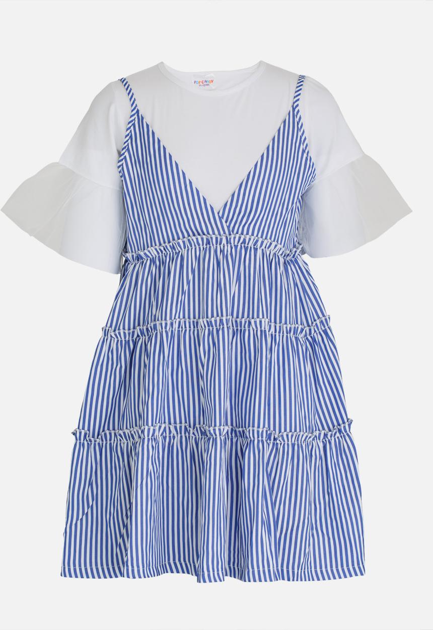 Pop Candy - Tiered Stripe Dress Blue