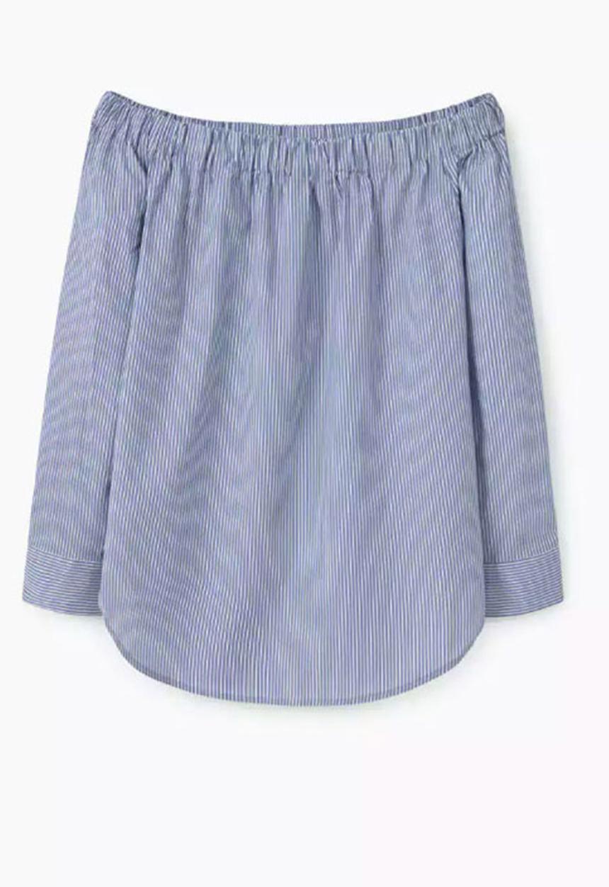 MANGO - Off-the-shoulder Striped Blouse with Button Detail Blue and White