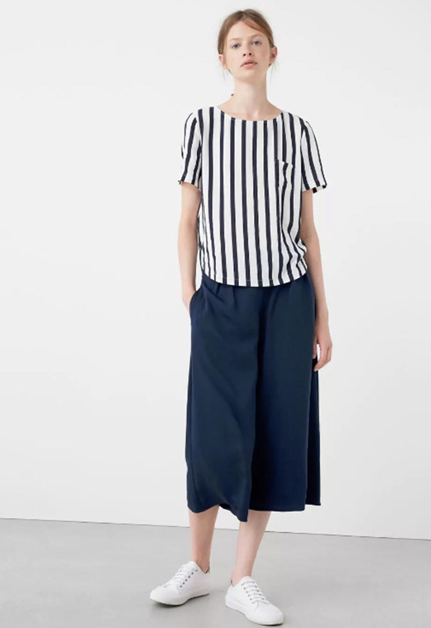 MANGO - Striped Chest-pocket Blouse Blue and White