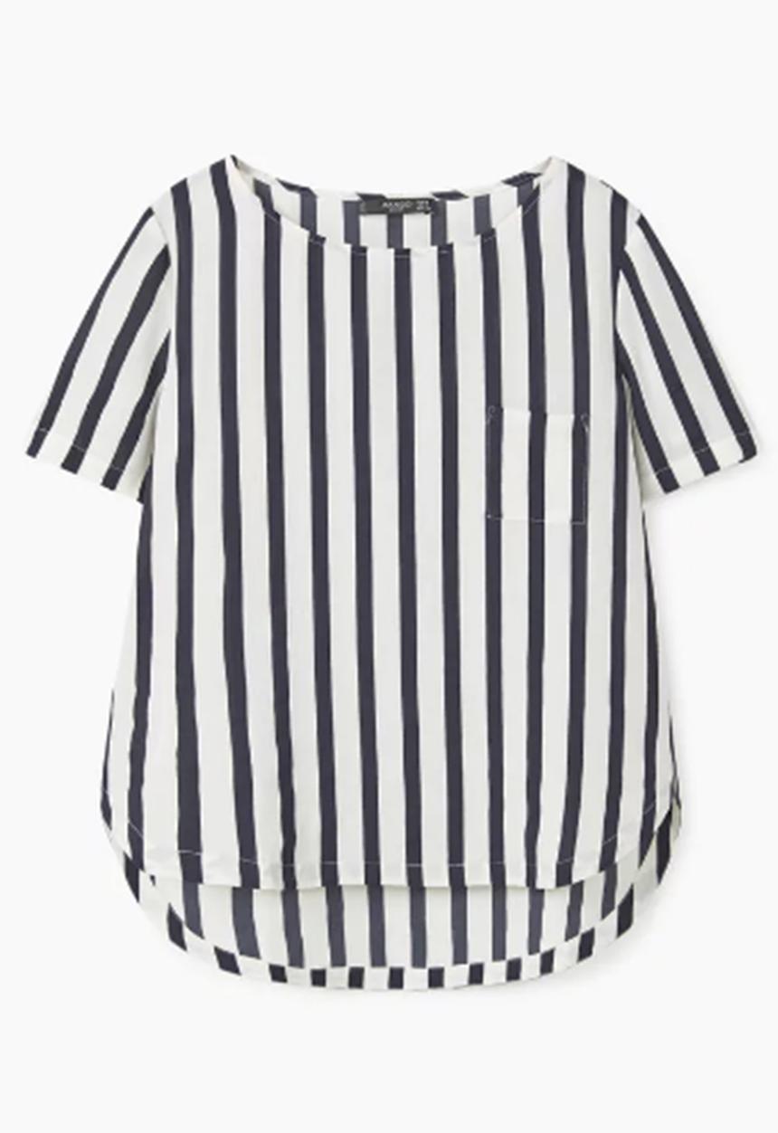 MANGO - Striped Chest-pocket Blouse Blue and White