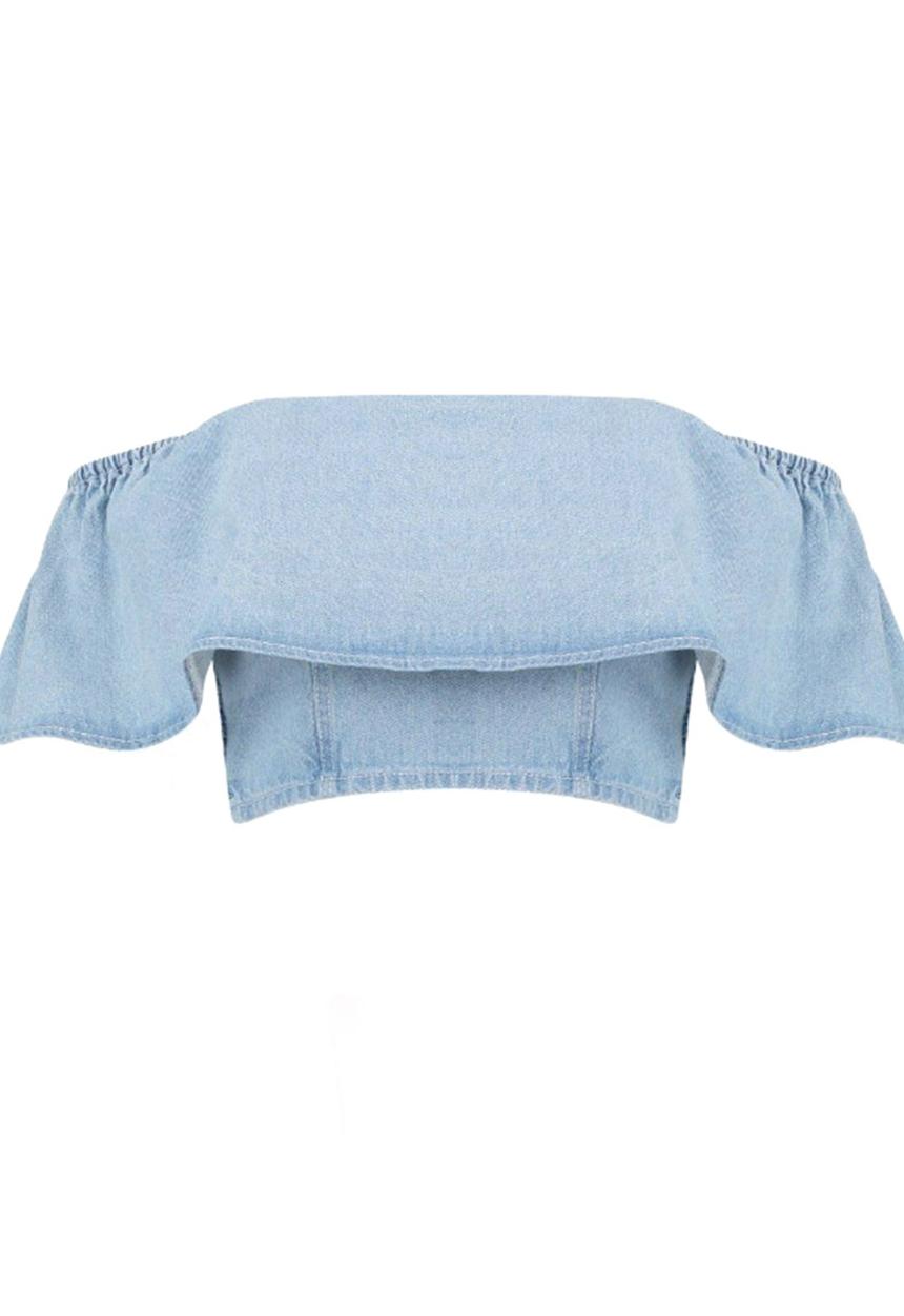 BoohooDNU - Denim Ruffle Off The Shoulder Top Blue