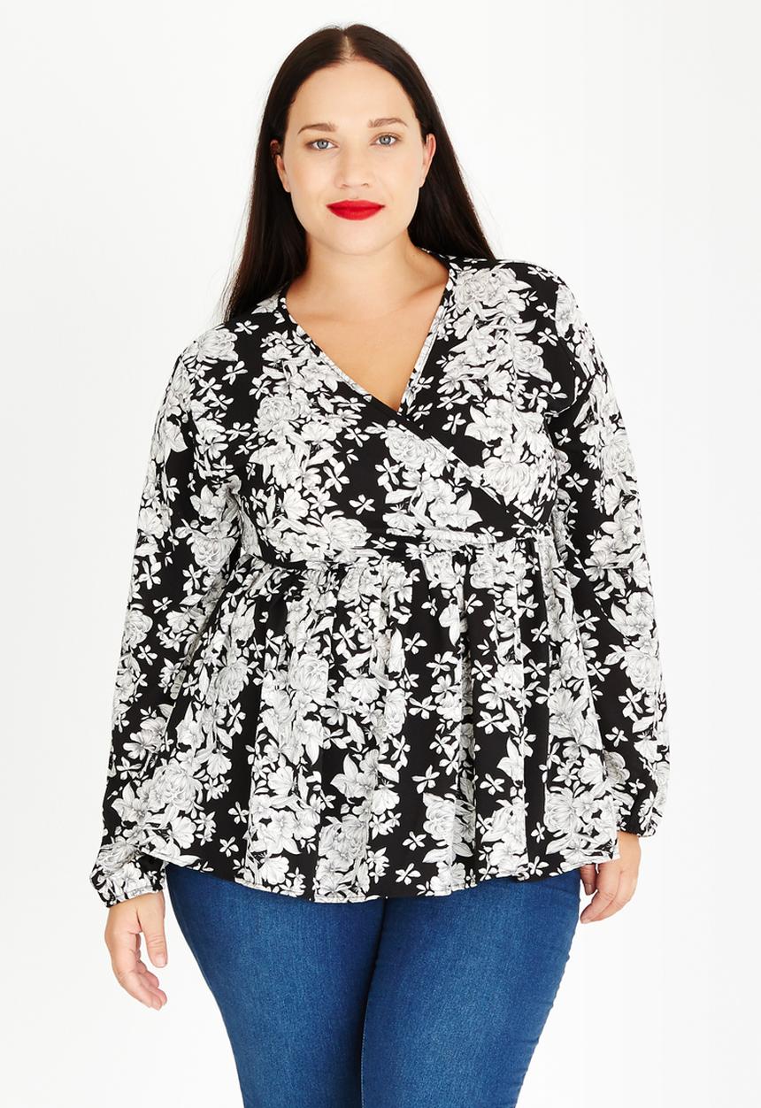 edit Plus - Cross Over Fixed Wrap Blouse Black