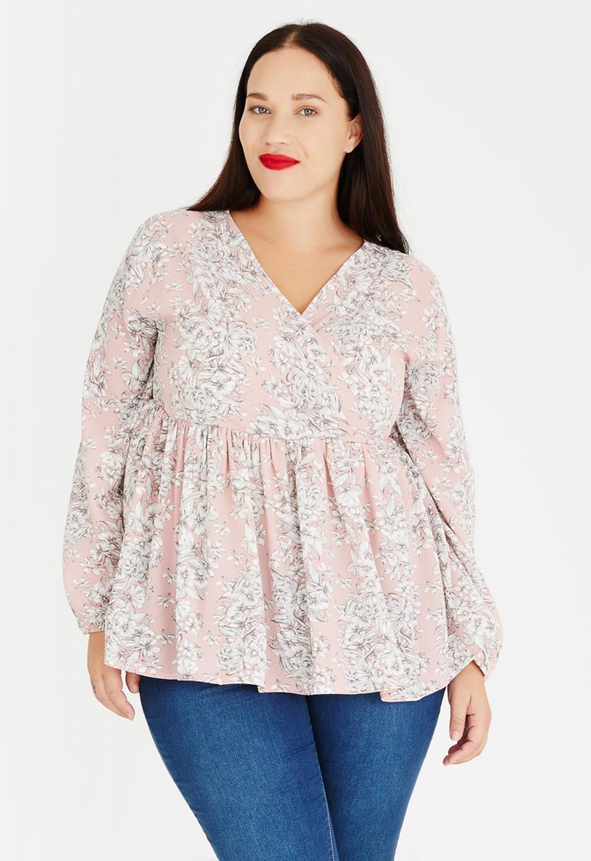edit Plus - Cross Over Fixed Wrap Blouse Multi-colour