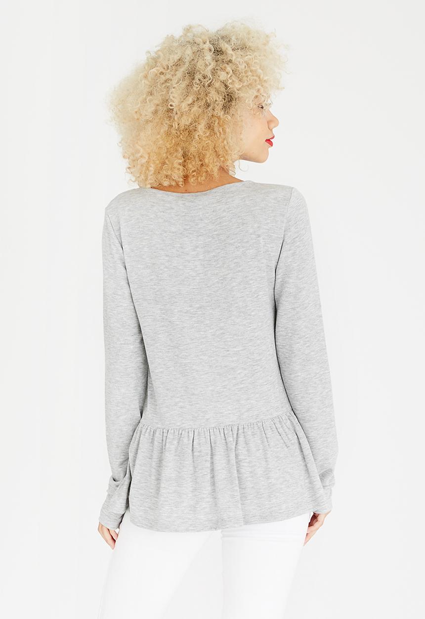 Pieces - Lill Long Sleeve Peplum Top Pale Grey