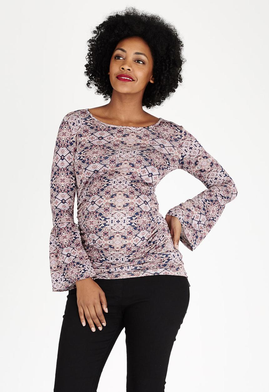 edit Maternity - Fluted Sleeve Ballerina Neckline Top Multi-colour