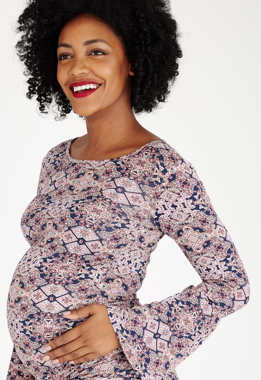 edit Maternity - Fluted Sleeve Ballerina Neckline Top Multi-colour
