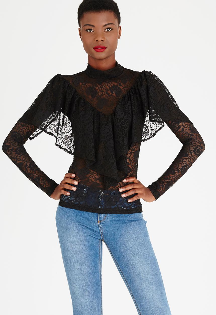 STYLE REPUBLIC - Lace Frill Top Black