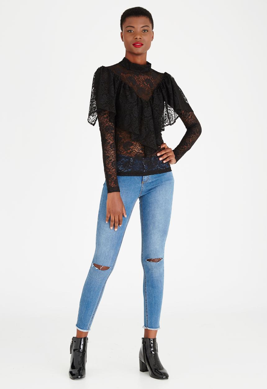 STYLE REPUBLIC - Lace Frill Top Black