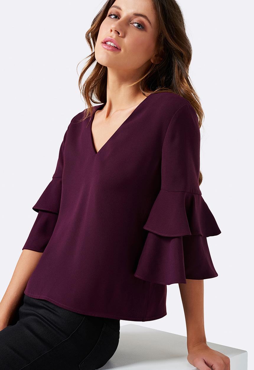 Forever New (Spree) - Valerie Tiered Frill Sleeve Top Burgundy