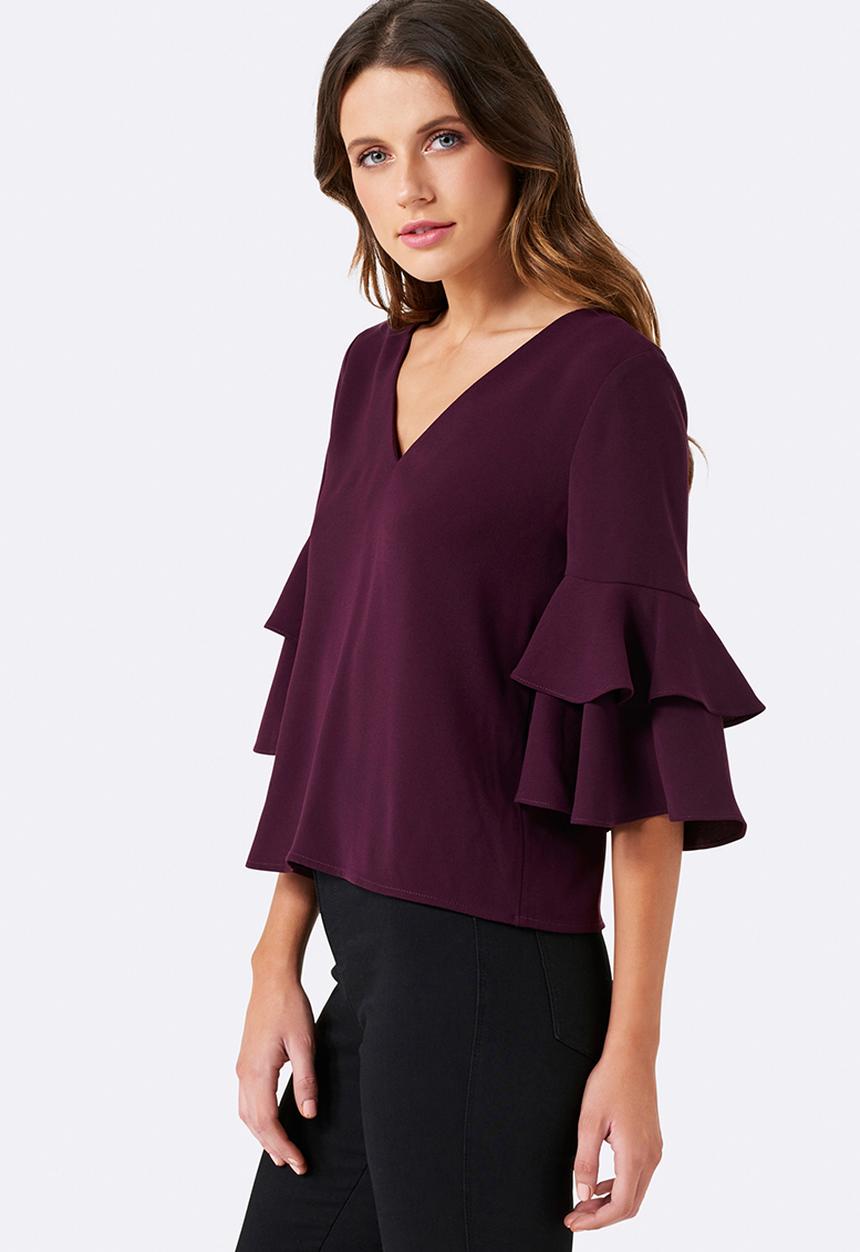 Forever New (Spree) - Valerie Tiered Frill Sleeve Top Burgundy