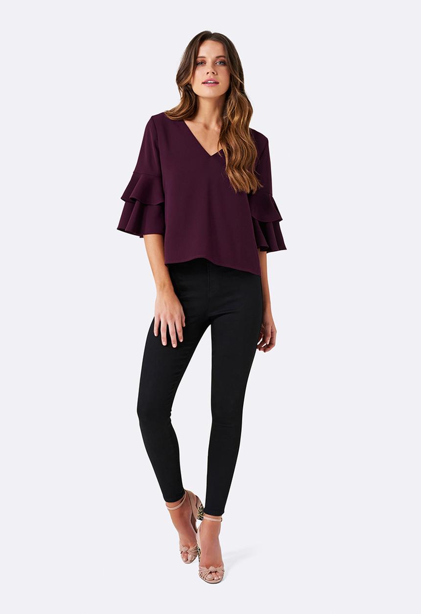 Forever New (Spree) - Valerie Tiered Frill Sleeve Top Burgundy