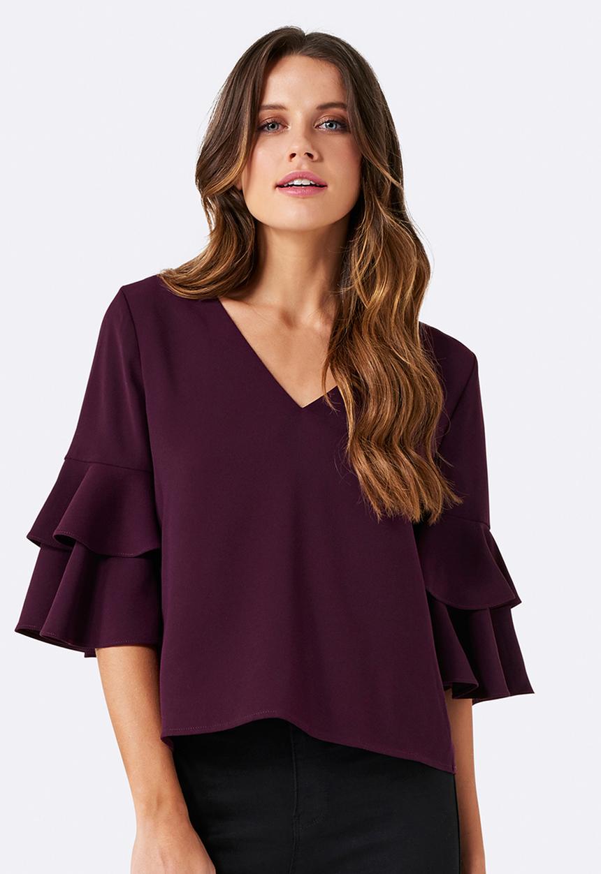 Forever New (Spree) - Valerie Tiered Frill Sleeve Top Burgundy