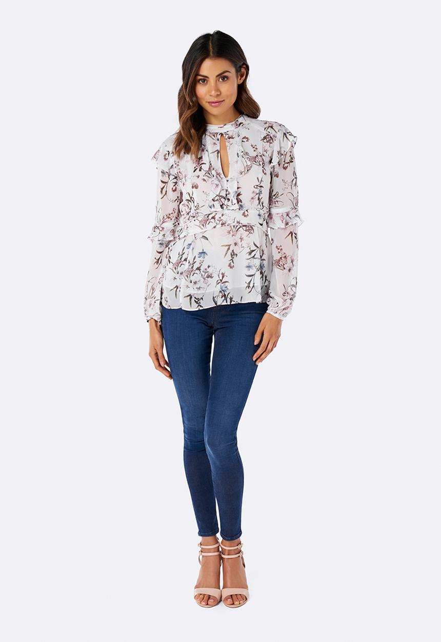 Forever New (Spree) - Perlitta Printed Frill Blouse White