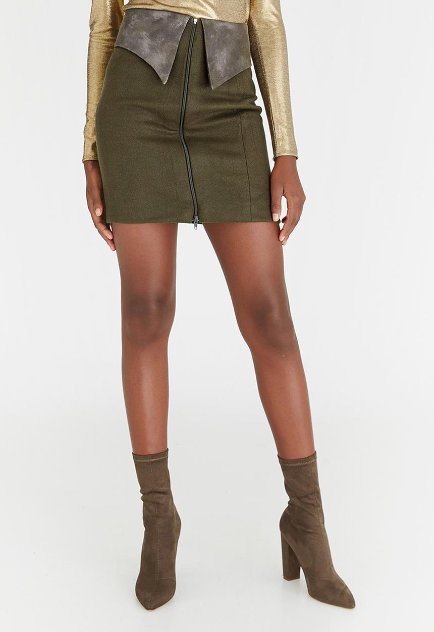 DAVID by David Tlale - Wool-blend Lead Skirt Khaki Green