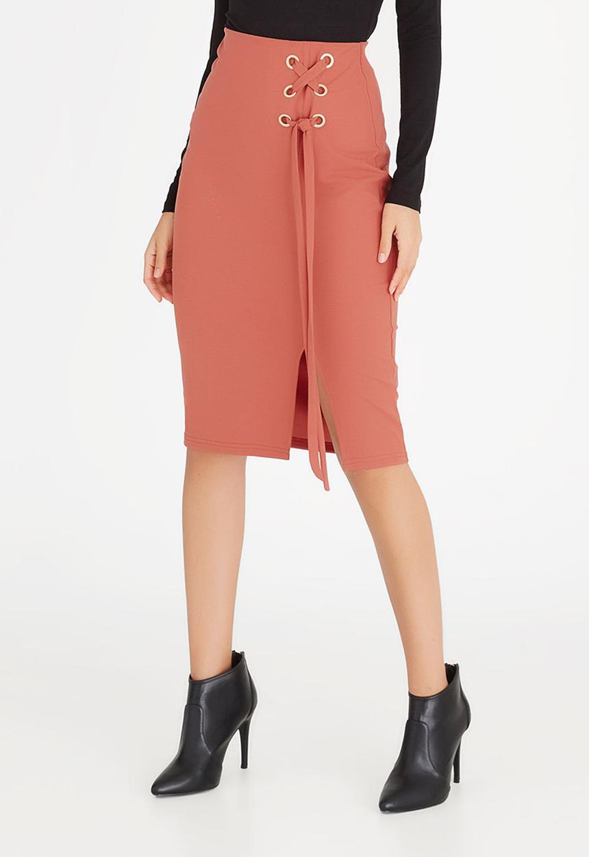 edit - Eyelet Detail Midi Skirt Tan