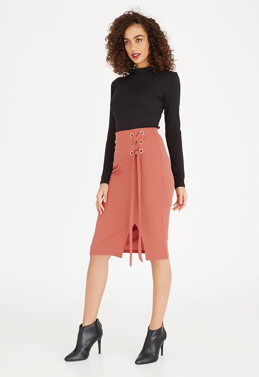 edit - Eyelet Detail Midi Skirt Tan