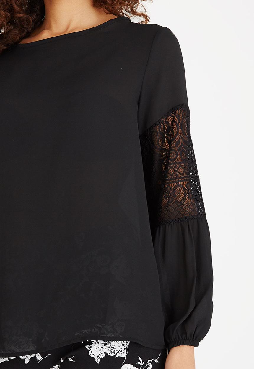 edit - Lace Inset Lantern Sleeve Top Black