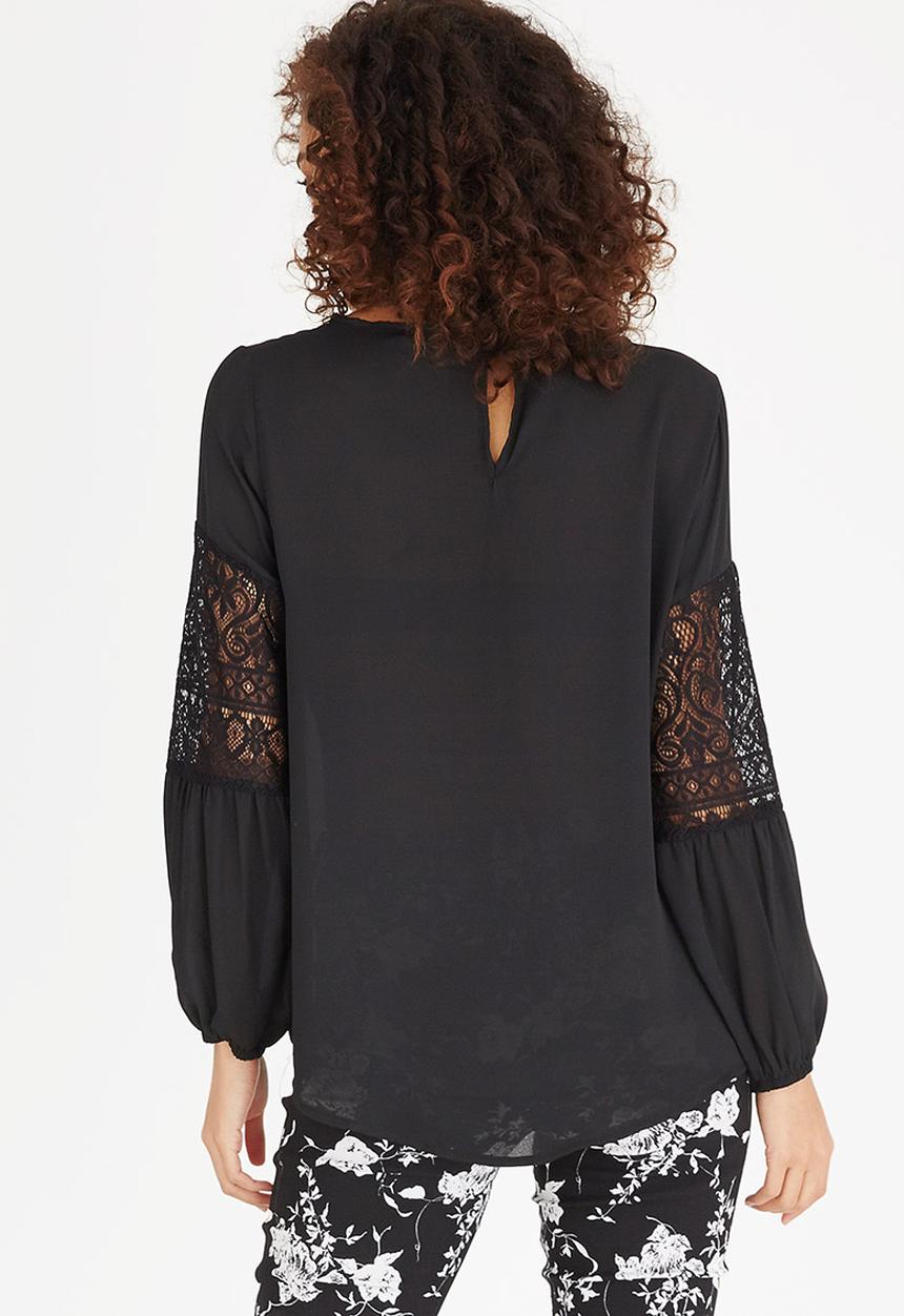 edit - Lace Inset Lantern Sleeve Top Black
