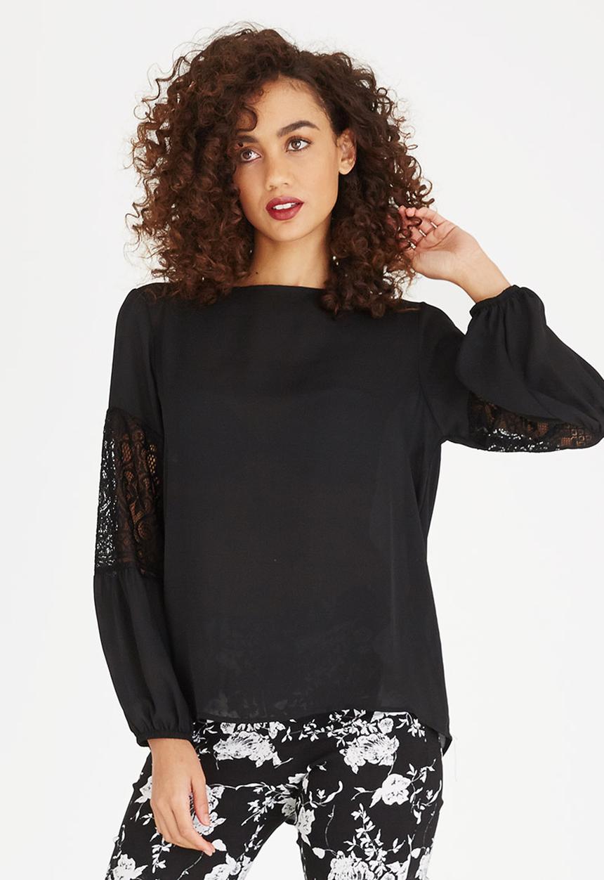 edit - Lace Inset Lantern Sleeve Top Black