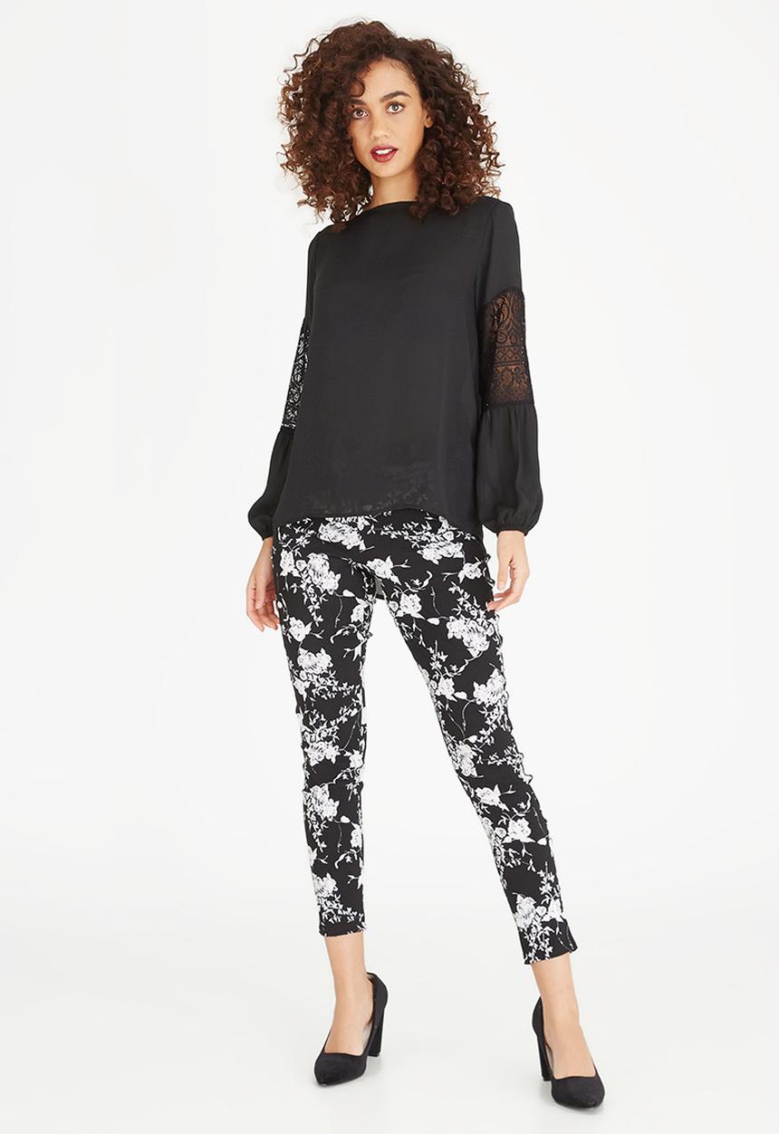 edit - Lace Inset Lantern Sleeve Top Black