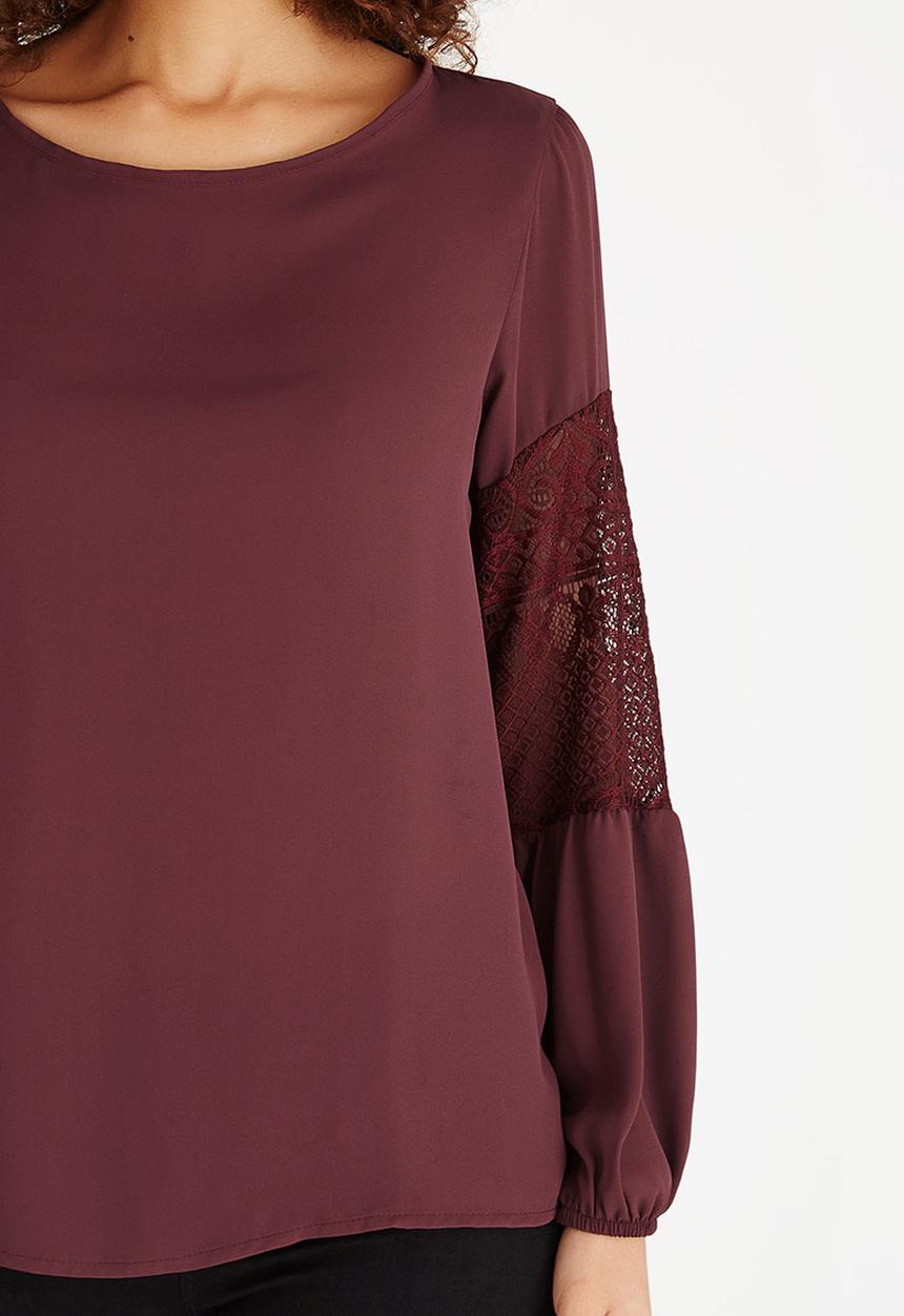 edit - Lace Inset Lantern Sleeve Top Burgundy