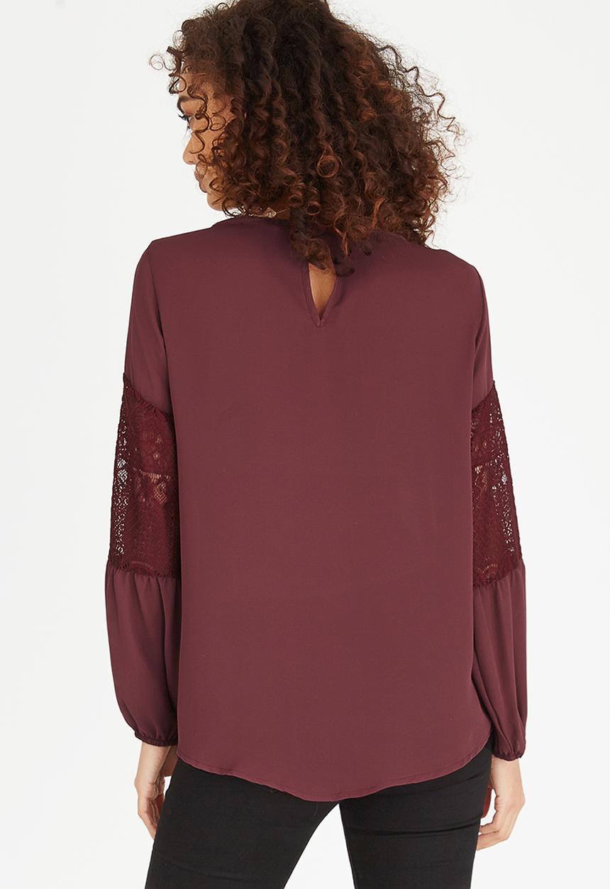 edit - Lace Inset Lantern Sleeve Top Burgundy