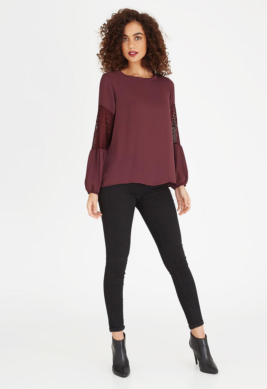 edit - Lace Inset Lantern Sleeve Top Burgundy
