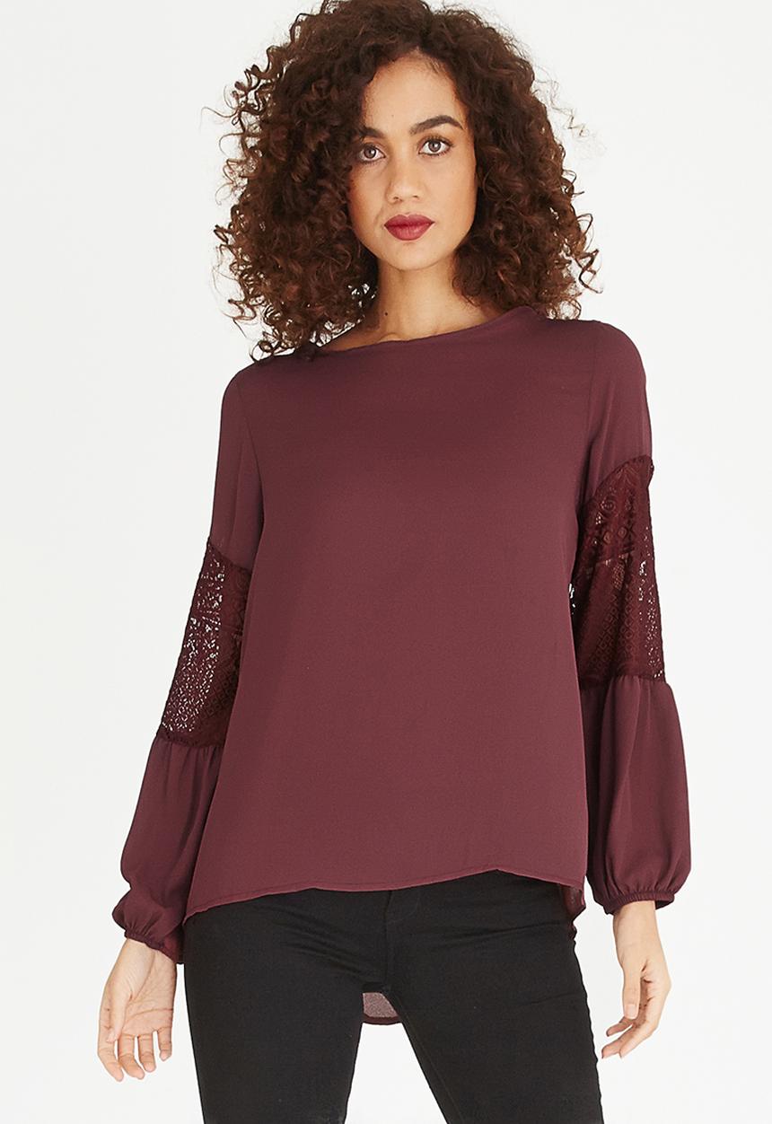 edit - Lace Inset Lantern Sleeve Top Burgundy