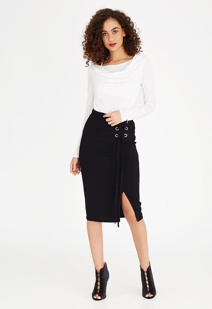 edit - Eyelet Detail Midi Skirt Black