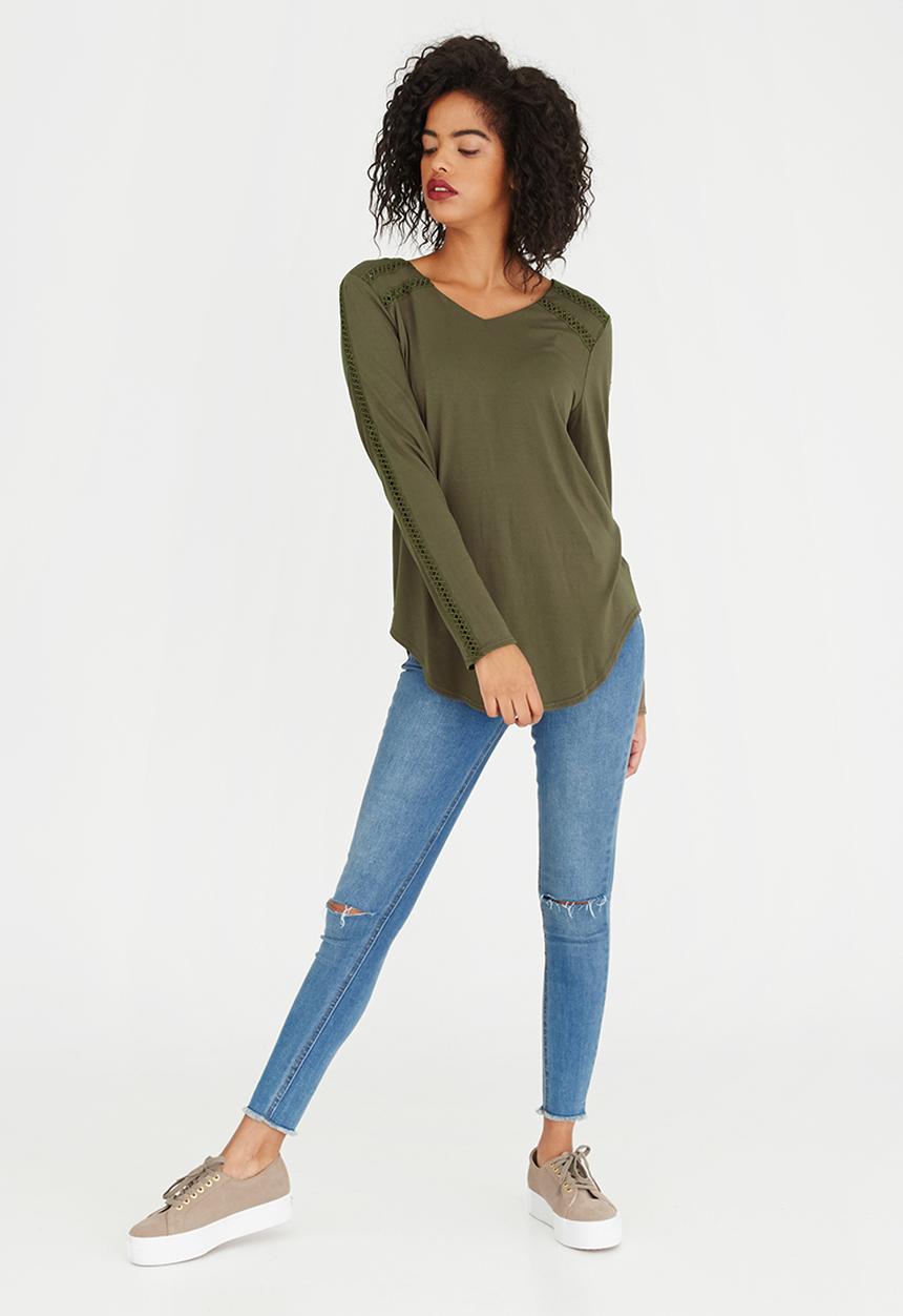 G Couture - Top with Inset Detail Khaki Green