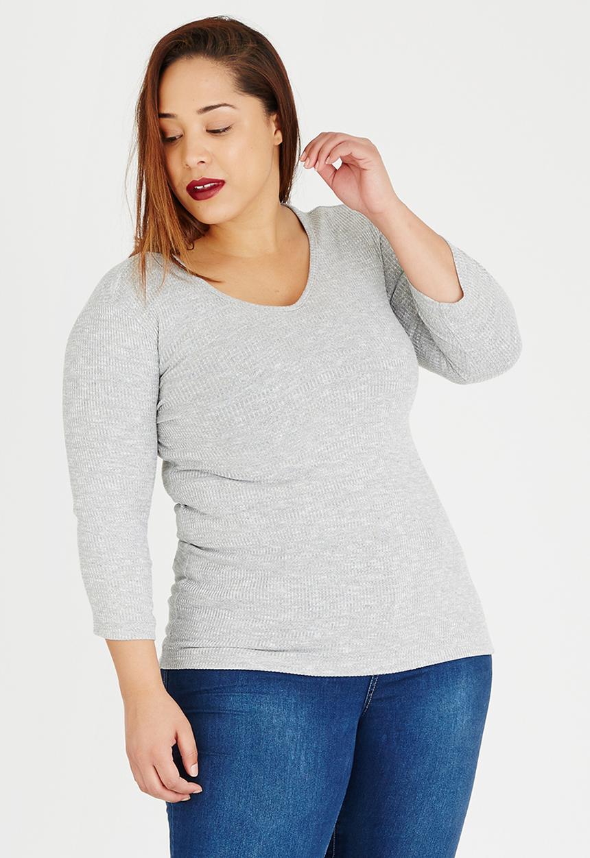 edit Plus - V-Neck Long 3/4 Slv Rib T Grey Melange