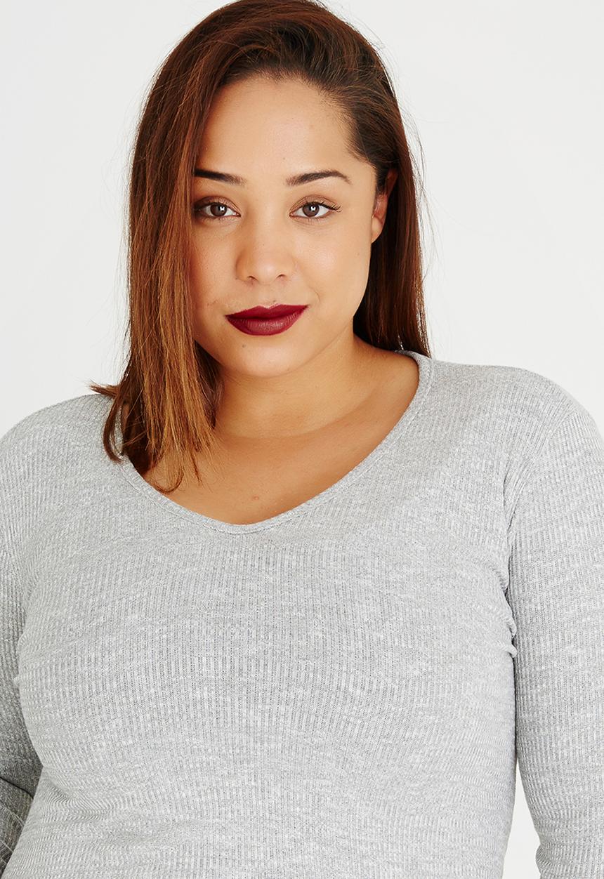 edit Plus - V-Neck Long 3/4 Slv Rib T Grey Melange