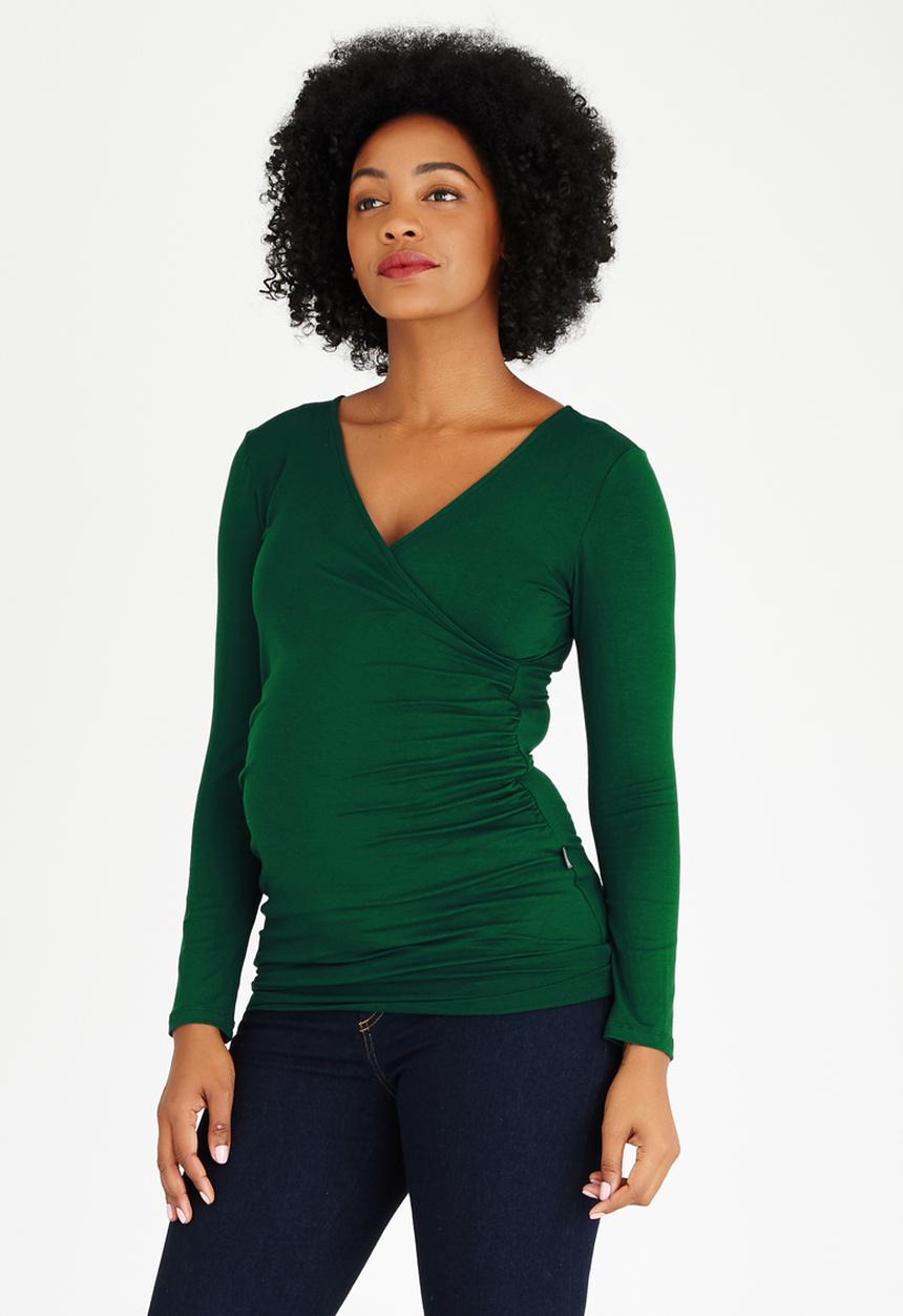 Cherry Melon - Long Sleeve Gauged Wrap Top Dark Green