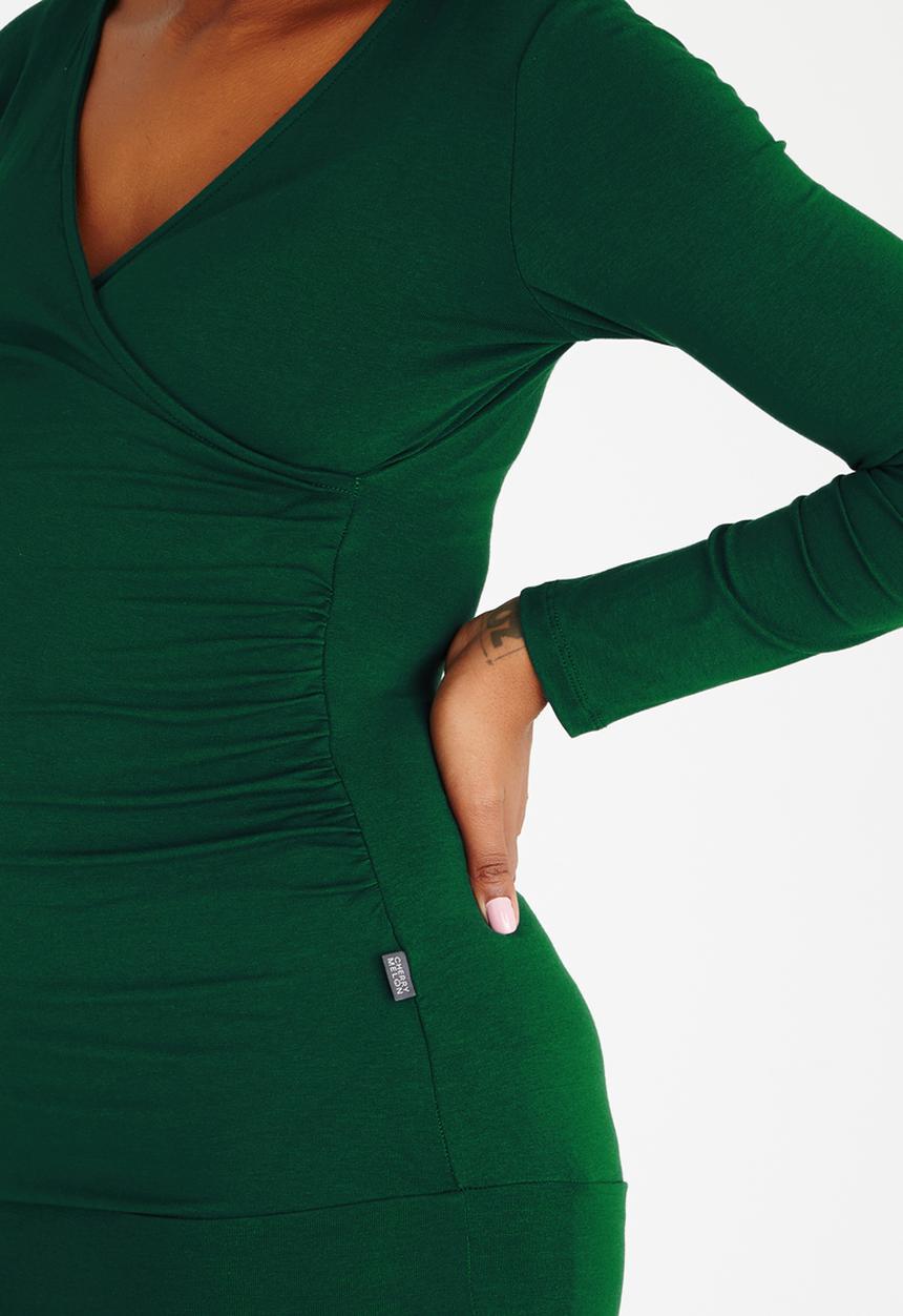 Cherry Melon - Long Sleeve Gauged Wrap Top Dark Green