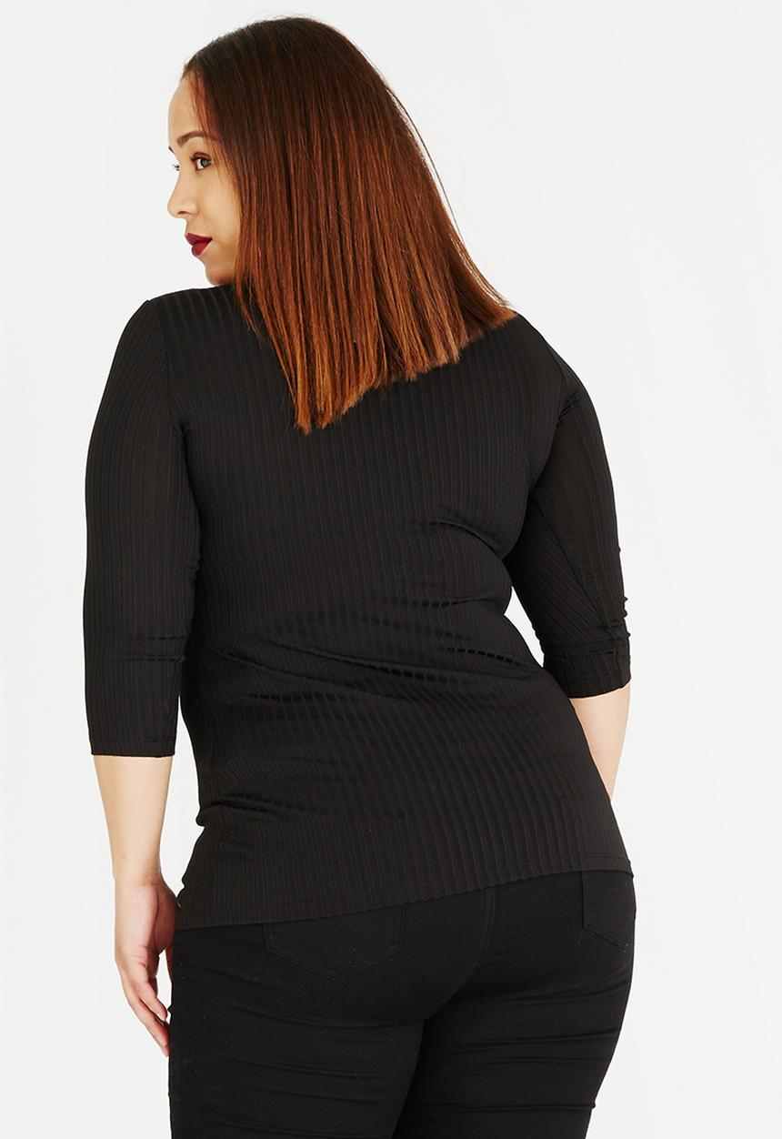 edit Plus - V-Neck Long 3/4 Slv Rib T Black