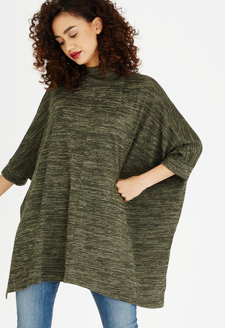 edit - Oversized Long-sleeve Poncho Khaki Green