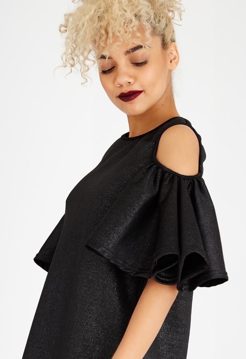 STYLE REPUBLIC - Volume Sleeve Cold Shoulder Dress Black