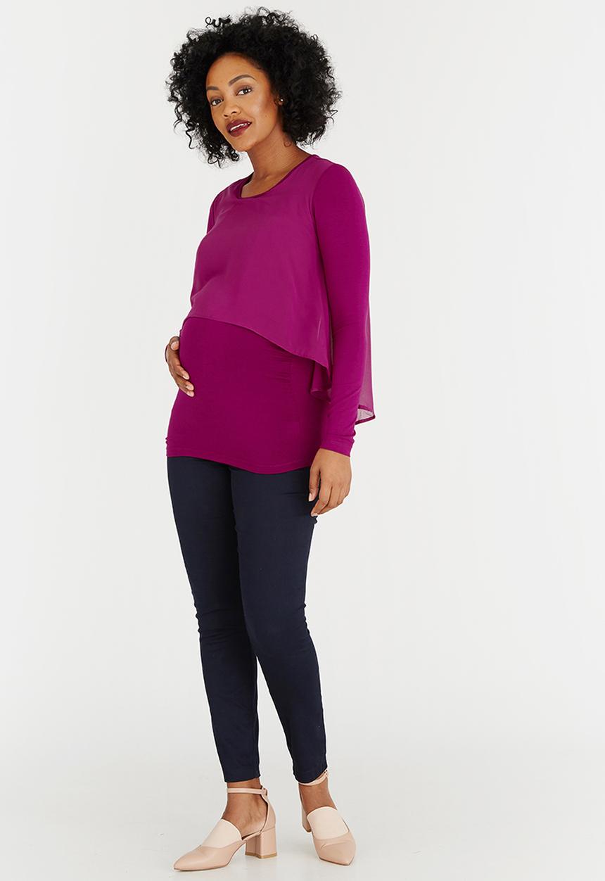 edit Maternity - Chiffon Overlay Feeder Top Dark Pink