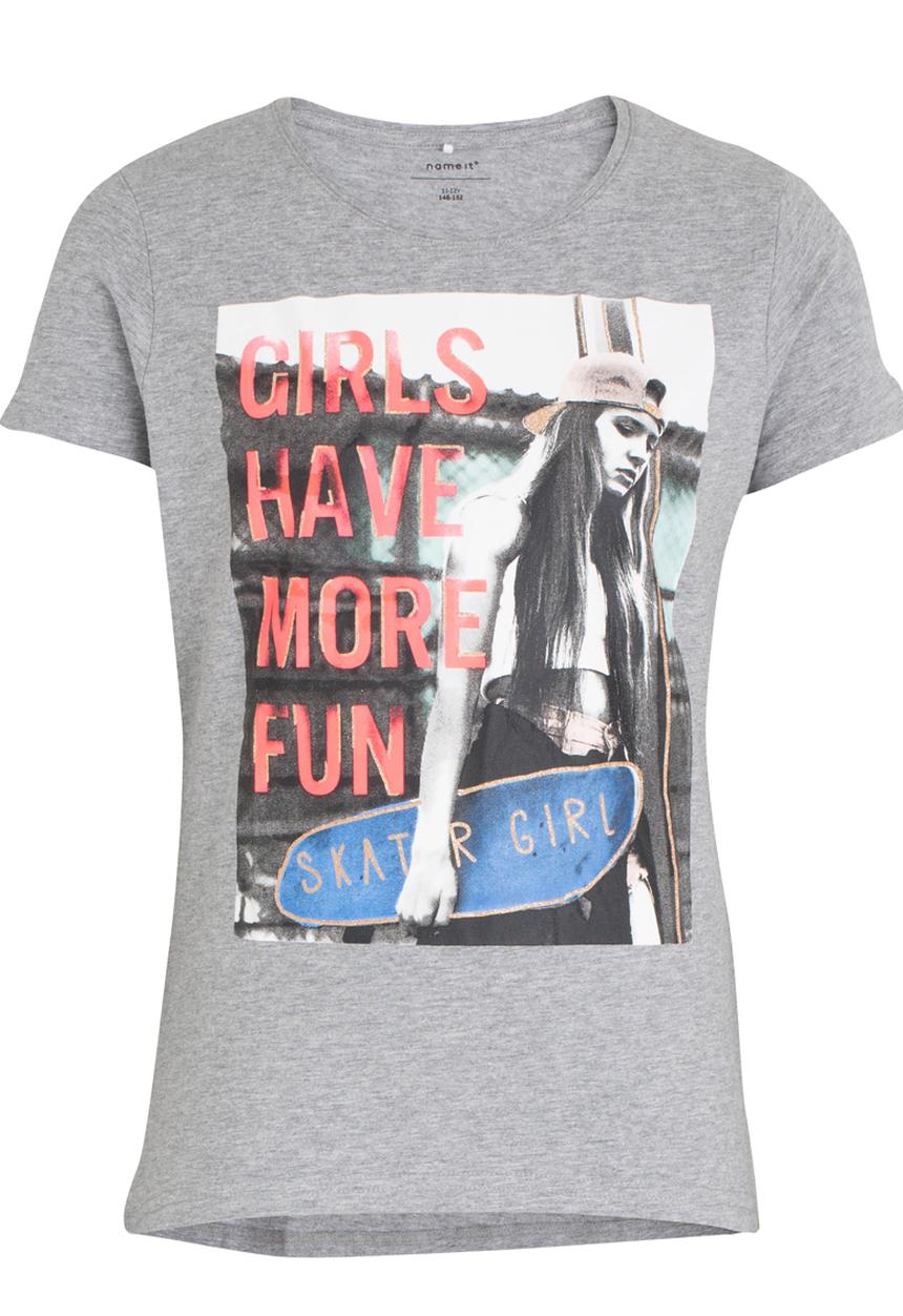 Name It - Girls Printed Short Sleeve Tee Grey Melange