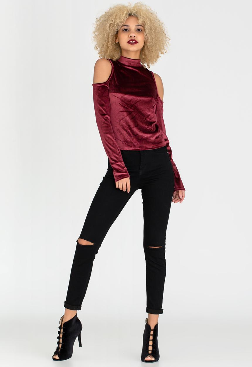 c(inch) - High Neck Cold Shoulder Top Burgundy
